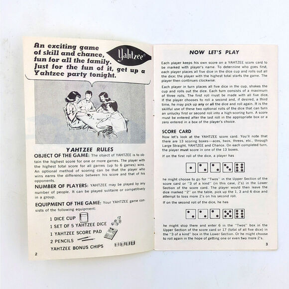 1967 Vintage Original Yahtzee E.S. Lowe Rules Instruction Pamphlet For Dice Game - Picture 2 of 3